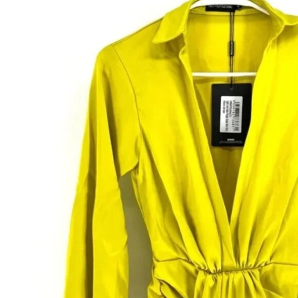 PrettyLittleThing Women's Light Lime Satin Plunge Drape Skirt Shirt Dress - 0 - Picture 3 of 6